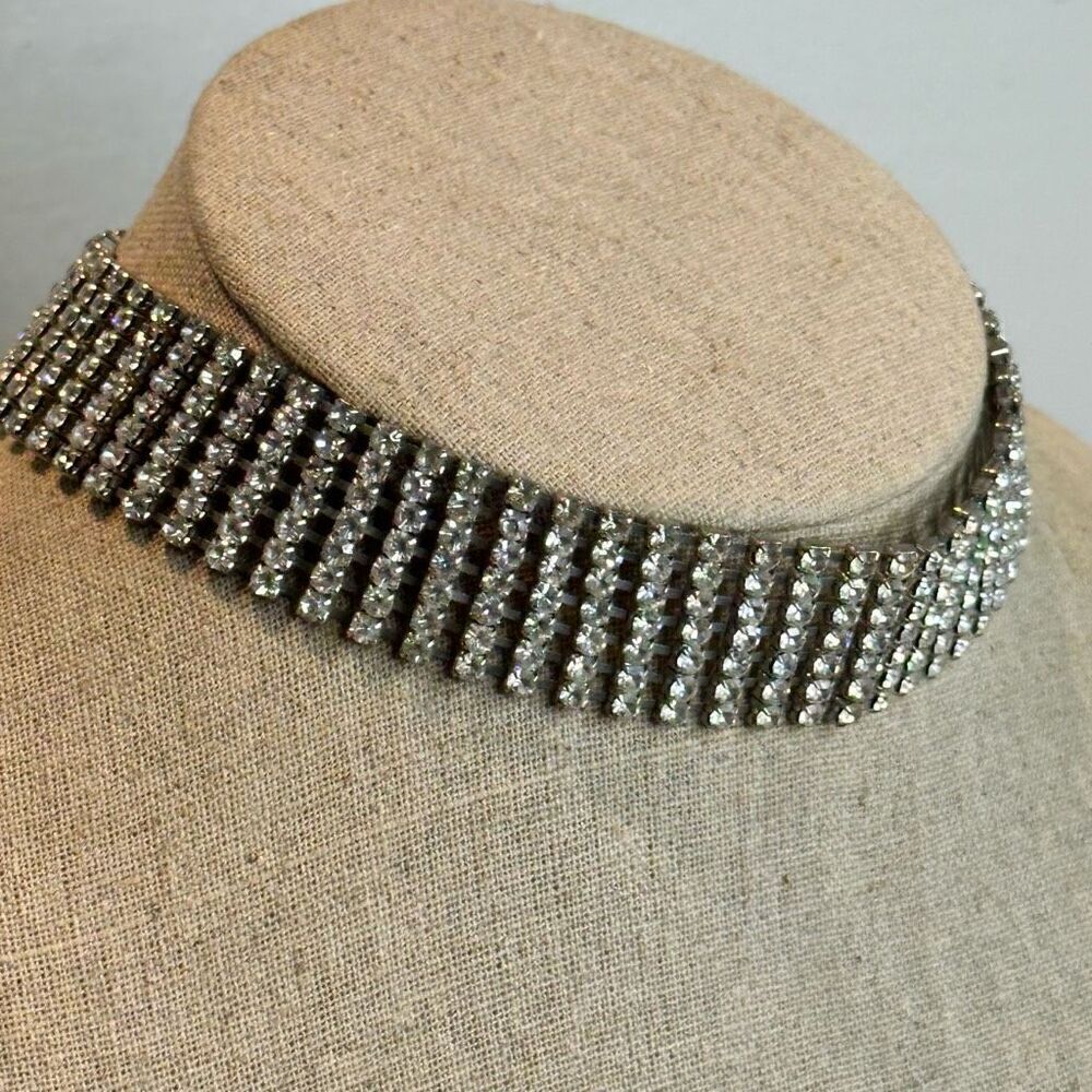 Vintage Seven Row Rhinestone Gatsby Adjustable Clasp Silver Tone Choker Necklace